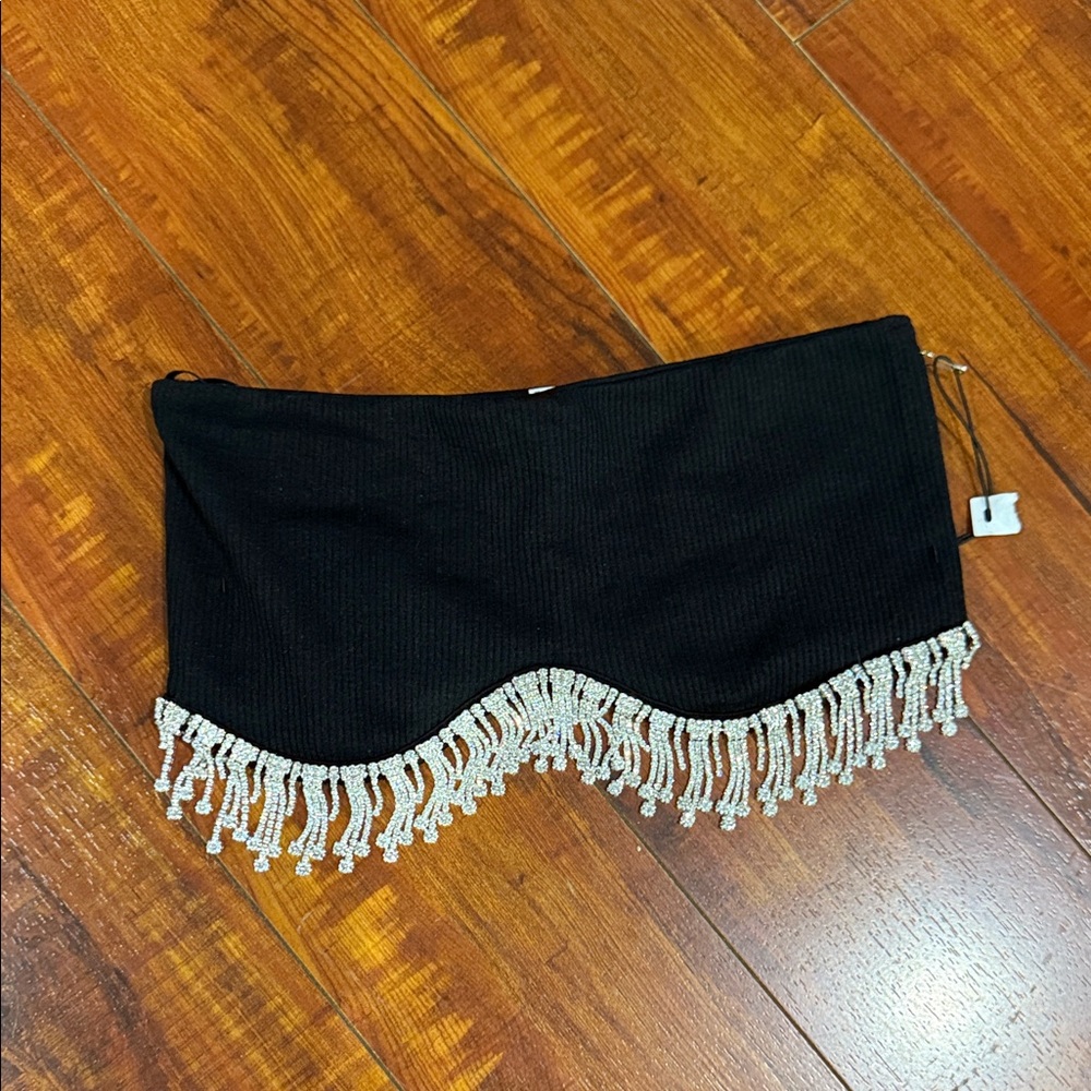 Forever 21 Black Ribbed Strapless Rhinestone Fringe Crop Top